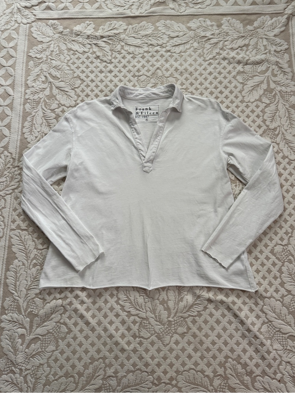 Frank & Eileen White Patrick Notch Collar Pullover Polo Top S Minimalist Neutral